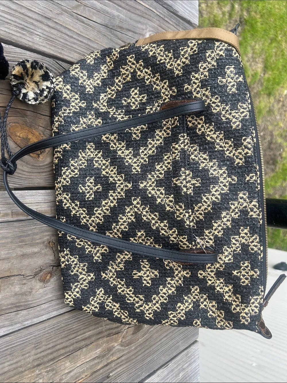 ERIC JAVITS Woven Black Tan Geometric Tote Bag NWT